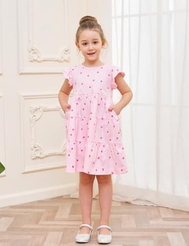 Kids Girl's Dresses Clothes Summer Spring Valentines Day Outfits Cotton Midi Ruffle Tank Sleeveless Sundress Clothing with Pockets Pink Hearts Size 12-13 Years - Image 2