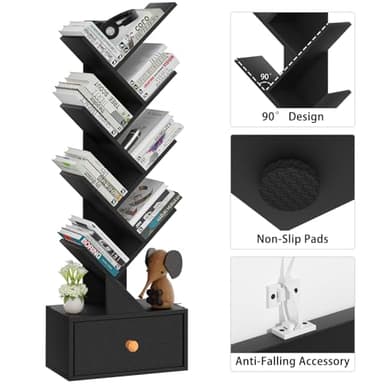 SHEEPAM 8 Tier Tree Bookshelf with Drawer, Free Standing Wood Bookcase for Living Room, Bedroom, Home Office, Space Saving Storage Organizer Bookshelves for Books, CDs, Vinyl Records- Black - Image 5