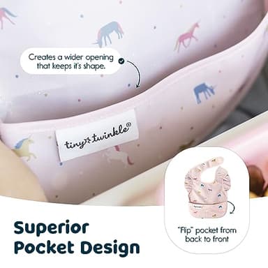 Tiny Twinkle Mess-Proof Baby Bib - Waterproof Bib for Baby Girl - Machine Washable - Adjustable Closure - PVC, BPA, & Phthalate Free - Great for Travel - Baby Food Bibs (3 Pack, Unicorn Set) - Image 4