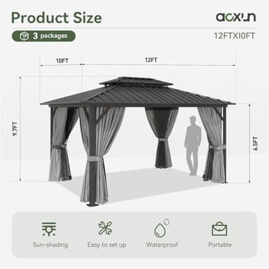 Aoxun 10'x12' Hardtop Gazebo, Aluminum Frame Canopy with Double Galvanized Steel Roof, Outdoor Metal Pavilion with Netting, Curtains for Backyard, Patio and Deck - Image 9