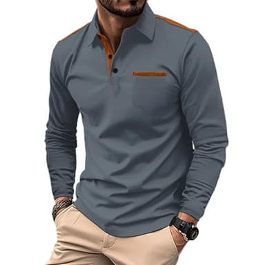 PEVOSU Mens Long Sleeve Polo Shirts Casual Cotton Polo T Shirt with Pocket Classic Button Collared Golf Shirt - Image 1
