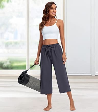 ASIMOON Womens Capri Pants Wide Leg Lounge Pants Loose Comfy Drawstring Lounge Pajama Yoga Capris with Pockets for Women - Image 4