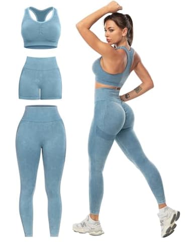 SALSPOR 3 Piece Workout Sets for Women Butt Lifting Leggings with High Impact Sports Bra Gym Shorts Activewear Matching Set(3DWX-Washed Blue-M) - Image 1