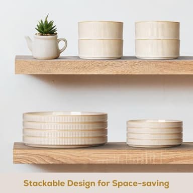 Romswi Dinnerware Set for 4, 16Pcs Stoneware Plates and Bowls Sets with Mugs, Chip & Scratch Resistant Dish Set, Handmade Reactive Glaze Plate Set, Oven,Microwave and Dishwasher Safe, Cappuccino White - Image 7