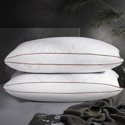 UNIKOME Natural Goose Down Feather Pillows Medium Firm Pillow with 100% Cotton Cover, Thick Gussted Bed Hotel Collection Pillows for Back,Stomach,Side Sleeping, Standard Size Set of 2 - Image 1