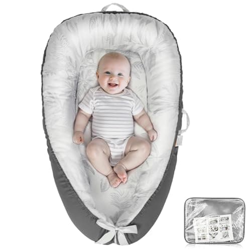Baby Lounger - Babies Nest for Newborn, Breathable & Soft Organic Cotton Lounger, Portable Baby Lounger for Home & Travel, Ideal Newborn Essentials, Grey Leaves - Image 1