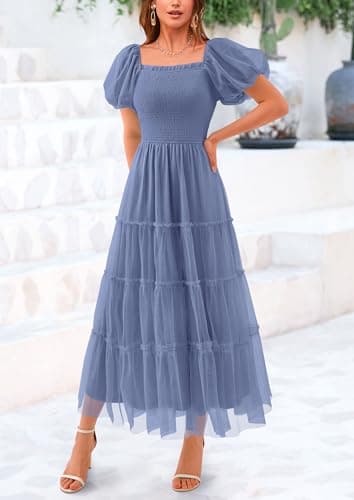 PRETTYGARDEN Women's Smocked Midi Tulle Dress 2025 Summer Puffy Short Sleeve Square Neck Ruffle Wedding Guest Party Dresses (Grey Blue,Large) - Image 6