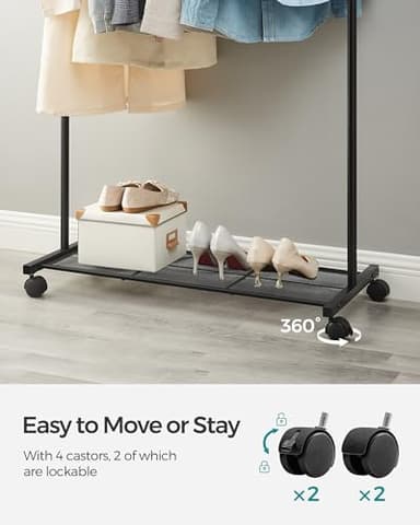 SONGMICS Clothes Rack with Wheels, Clothing Rack for Hanging Clothes, 25.4 mm Metal Garment Rack with Dense Mesh Storage Shelf, 110 lb Load Capacity, 2 Brakes, Black UHSR25BK - Image 4