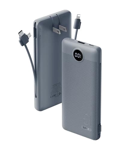 VRURC Portable Charger Built-in Cables and AC Wall Plug, USB C Power Bank 10000mAh, Travel Battery Portable Phone Charger Compact Lightweight External Battery Pack for Smart Phones, Tablets etc-Grey - Image 1