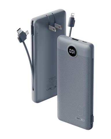 VRURC Portable Charger Built-in Cables and AC Wall Plug, USB C Power Bank 10000mAh, Travel Battery Portable Phone Charger Compact Lightweight External Battery Pack for Smart Phones, Tablets etc-Grey - Image 1