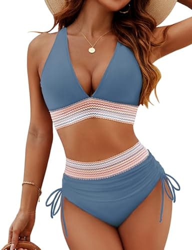 Blooming Jelly Womens High Waisted Bikini Set Tummy Control Bathing Suit Two Piece Color Block Swimsuit (XXL, Haze Blue) - Image 1