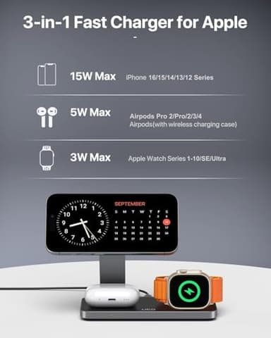 UEQ Foldable 3 in 1 Wireless Charging Station for Apple Magsafe Charger Stand,Fast Magnetic Wireless Charger Station for iPhone 17 Air 16 15 14 13 12 Series,Airpods Pro,Apple Watch Ultra (Pure Black) - Image 6