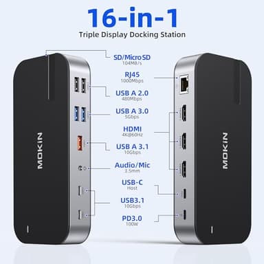 MOKiN Laptop Docking Station,16 in 1 Dock Triple Monitor,USB C Docking Station with 3 HDMI,PD 100W, USB 3.1/3.0/2.0,RJ 45 Ethernet,SD/TF,Audio for Dell/HP/Lenovo,Matte Black - Image 2