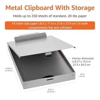 Amazon Basics Metal Clipboard with 2 Compartments and Interior 250 Sheet Paper Storage, 14.09 x 9.21 x 2.6 inches, letter size, Silver - Image 5