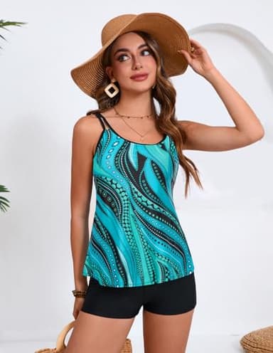 Maternity Swimsuit Plus Size Tummy Control Bathing Suits Scoop Neck Tankini Top with Boy Shorts Blue Ripples 7X - Image 2
