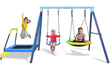 440lbs Kids Swing Set, 3-in-1 Outdoor Playground with Saucer Swing, Belt Seat & 4ft Trampoline, Heavy Duty A-Frame Metal Stand & Safety Stakes, Backyard Playset for Toddlers 3-8 Years Old - Image 1