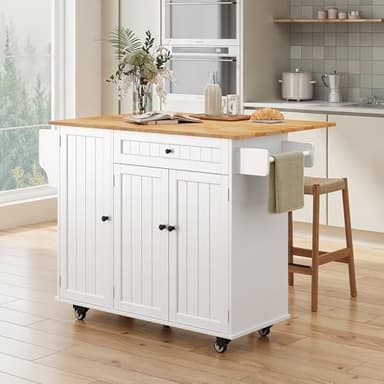 Ahomly Kitchen Island with Storage, Island Table for Kitchen with Drop Leaf, 5 Wheels, Interal Storage Rack, a Drawer, Spicy Rack and Towel Bar, Sufficient Countertop Space and Storage, White - Image 7