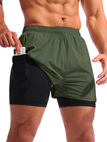 Pudolla Men’s 2 in 1 Running Shorts 5" Quick Dry Gym Athletic Workout Shorts for Men with Phone Pockets(Dark Green Large) - Image 1