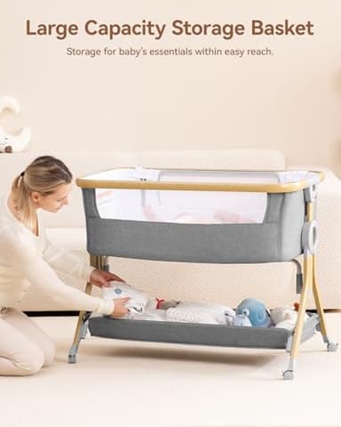 Larex Baby Bassinet Bedside Sleeper for Baby, Baby Crib Bed for Newborn Infant, Bedside Bassinet with Wheels, 5 Adjustable Height, Mosquito Net, Breathable Mattress and Mesh, Storage Basket and Bag - Image 3