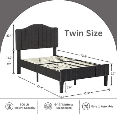 VECELO Twin Bed Frame, Upholstered Platform Bed with Sheepskin Fabric Adjustable Headboard/Strong Wood Slats Supports/7.9'' Under Bed Storage Space/Noise Free/No Box Spring Needed, Dark Grey - Image 2