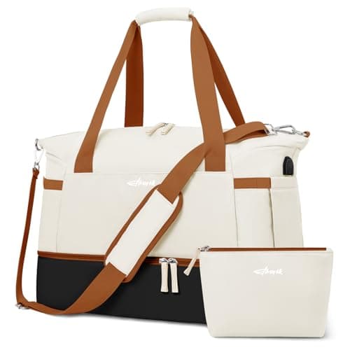 ETRONIK Gym Bag for Women, 45L Carry On Travel Duffel Bag with Shoes Compartment, Weekender Overnight Bag with Wet Pocket & USB Charging Port for Women, Travel, Gym, Weekend, Large Size (Beige) - Image 1