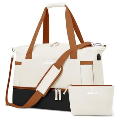 ETRONIK Gym Bag for Women, 45L Carry On Travel Duffel Bag with Shoes Compartment, Weekender Overnight Bag with Wet Pocket & USB Charging Port for Women, Travel, Gym, Weekend, Large Size (Beige) - Image 1