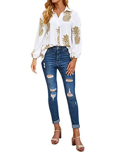 ZXZY Women Pineapple Printed Lapel Collar Half Sleeves Buttons Down Blouse Shirt - Image 4