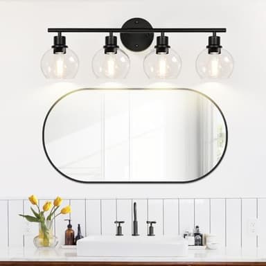 2025 Upgrade 4-Light Bathroom Light Fixtures, Black Bathroom Lights Over Mirror with Clear Glass Globe Shade, Vanity Lights for Bathroom Kitchen Living Room Hallway Cabinet Bedroom Porch - Image 7