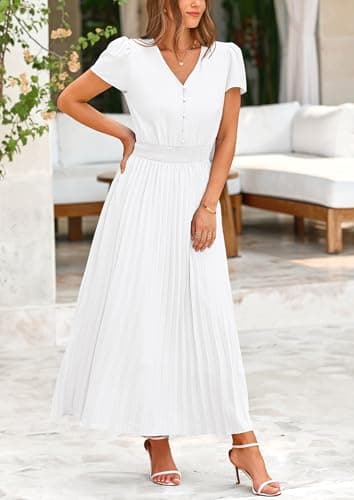 PRETTYGARDEN Women's Summer Maxi Dresses 2025 Trendy Casual Button V Neck Ruffle Cap Sleeve Long Flowy Pleated Dress (White,Small) - Image 5