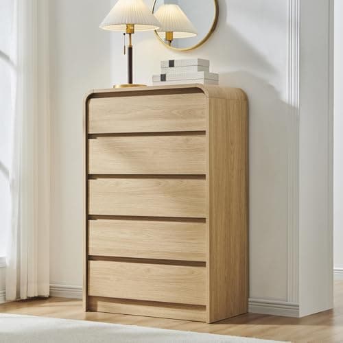 Aitjunz Modern 5 Drawers Dresser for Bedroom, 45" Tall Dressers & Chests of Drawers w/Curved Profile Design, Wood Mid Century Vertical Dresser w/Natural Texture for Bedroom, Living Room, Natural Oak - Image 1