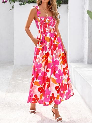 PRETTYGARDEN Womens Summer Dresses Floral Sleeveless Smocked Maxi Dress Boho Spaghetti Strap A Line Flowy Beach Long Sundress(Floral White Rose Red,Medium) - Image 4