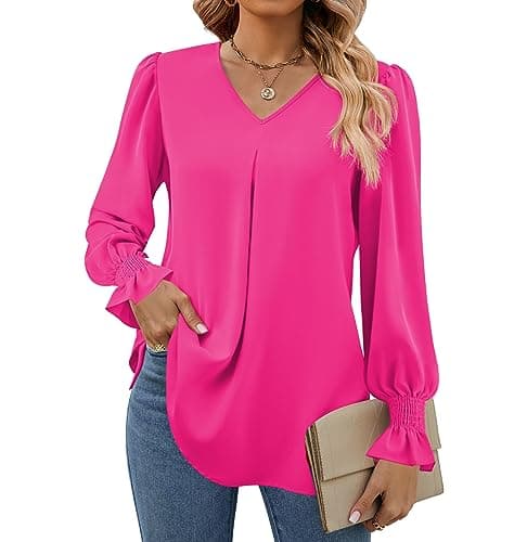 Funlingo Women Tops Dressy Causal Fashion Long Sleeve Chiffon Tunics Spring Loose Fit Work Blouse V Neck Office Shirt Clothing Rose Red XX-Large - Image 1