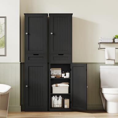 TEENFON 67" H Tall Storage Cabinet with 2 Doors and 1 Drawer, Narrow Black Cabinet with Adjustable Shelves, for Bathroom, Living Room, Entryway, Kitchen, Black - Image 2