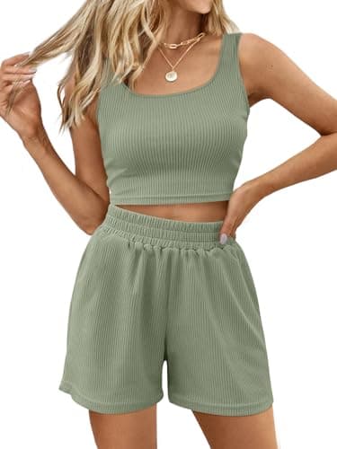 Trendy Queen Womens Pajama Sets 2 Piece Set Two Piece Summer Outfits 2025 Lounge Matching Vacation Outfit Crop Top High Waisted Short Green S - Image 1
