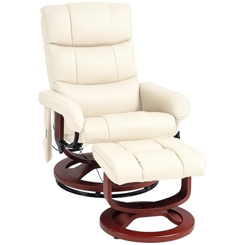 HOMCOM Massage Recliner Chair with Ottoman, Swivel Recliner and Footrest, Faux Leather Reclining Chair with Remote Control, 10 Vibration Point and Side Pocket, Cream White - Image 1