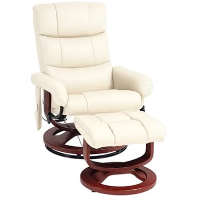 HOMCOM Massage Recliner Chair with Ottoman, Swivel Recliner and Footrest, Faux Leather Reclining Chair with Remote Control, 10 Vibration Point and Side Pocket, Cream White - Image 1