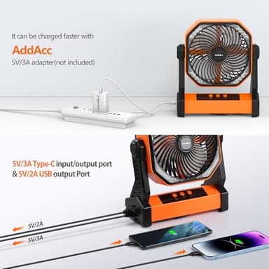 20000mAh Camping Fan, Rechargeable Battery Operated with 360° Rotatable Hook, 400 Lumes Light, 270° Pivot, 4 Speeds, 58Hrs Battery Powered Fan for Outdoor Tent Car Trip BBQ Hurricane Power Outages - Image 5