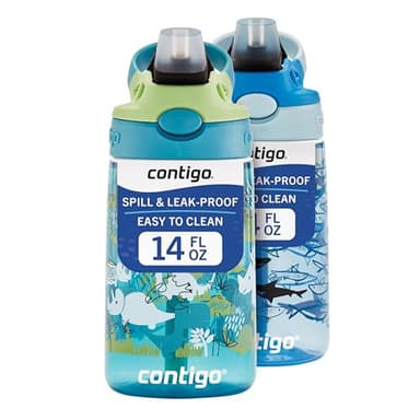 Contigo Aubrey Kids Water Bottle, 2-Pack, 14oz, Dinos & Sharks, Spill-Proof Lid, Dishwasher Safe, Blue & Green - Image 1