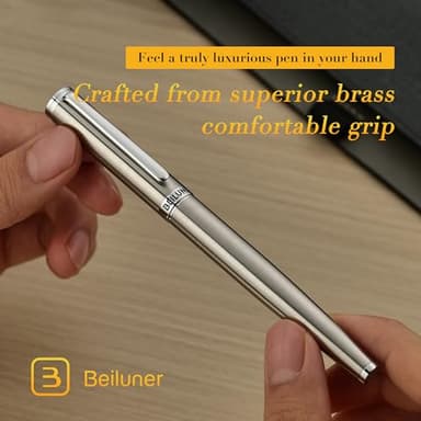BEILUNER Luxury Fountain Pen Set, Solid 24K Gilded Fine Nib, Silver Stainless Steel Body- Includes 6 Ink Cartridges & Ink Refill Converter with Gift Case - Perfect for Men and Women - Image 6
