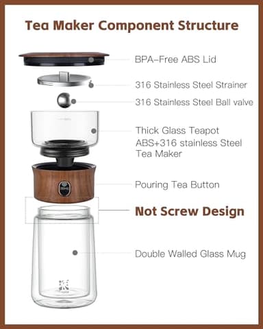 ZENS Modern Glass Infuser Teapot, One Touch Tea Maker for Loose Leaf Tea with Insulated Mug and Portable Case. Enchanted Pot Alternatives for Tea Lover Gifts - Image 6