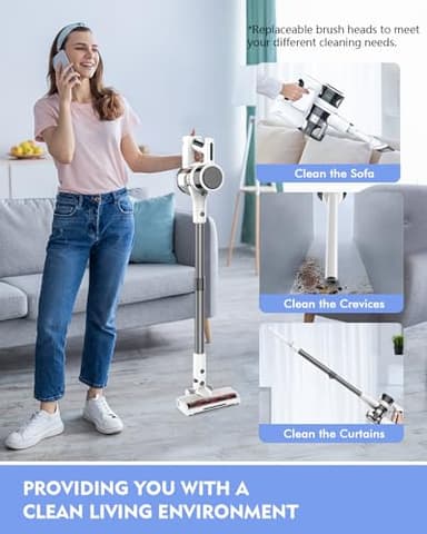 Ljuren Vacuum Cleaners for Home, 80,000PRM Powerful Motor Cordless Vacuum with Removable 2200mAH Battery up to 35 Mins Worktime, 2 Adjustable Modes and Detachable Parts Stick Vacuum (White Zinc Gray) - Image 5
