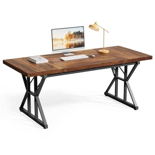 LITTLE TREE 70.8-Inch Office Desk, Wooden Executive Office Desk, Modern Work Desk, Large Farmhouse Writing Table Computer Desk for Home, Brown-Black - Image 1