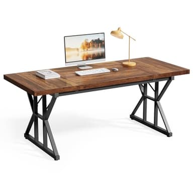 LITTLE TREE 70.8-Inch Office Desk, Wooden Executive Office Desk, Modern Work Desk, Large Farmhouse Writing Table Computer Desk for Home, Brown-Black - Image 1