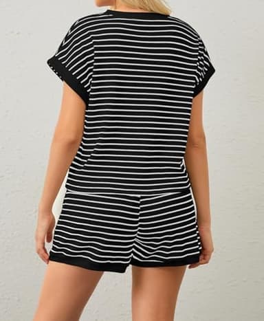 MISSACTIVER 2 Piece Lounge Set Women Stripe Knit Short Sleeve Tee Shirts Shorts Casual Summer Loungewear Shorts Sets - Image 4