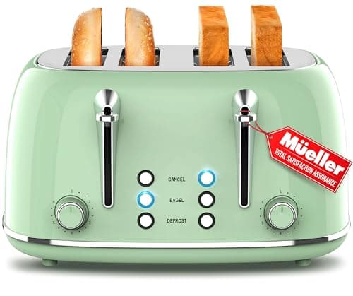 Mueller Retro Toaster 4 Slice with Extra Wide Slots Bagel, Defrost, and Cancel Function, 6 Browning Levels, Dual Independent Controls, Removable Crumb Tray and High Lift Levers, Sage Green - Image 1