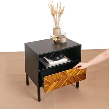 Bme Vivian Solid Wood Nightstand, End Table, Bedside Table with Herringbone Pattern for Rustic Bedroom, Easy Assembly, Rustic Golden Brown and Black - Image 8