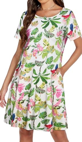 Summer Dresses for Women Pockets Short Sleeve Cotton Sundress Flowy Beach Plus Size Tunic Dress(Pink Green Leaves, L) - Image 3