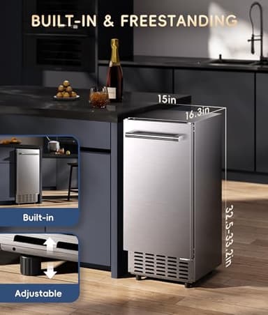 ecozy Under Counter Nugget Ice Maker Machine, Bulit-in & Freestanding, Horizontal Handle, Reversible Door, 66 Lbs/Day, Thickened Viewing Glass Window, Self-Cleaning & 24H Timer, Stainless Steel - Image 8