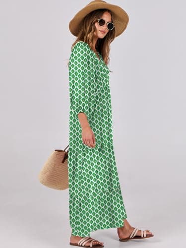 ANRABESS Womens Boho Maxi Dresses 2025 Summer V Neck Puff Sleeve Floral Flowy Swing Fall Casual Long Dress Light Green Medium - Image 3