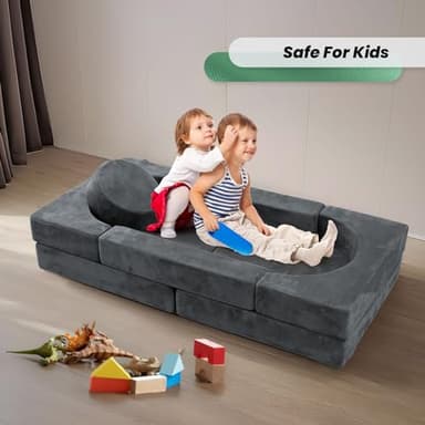 HOMFINE 16pcs Modular Kids Play Couch, Kids Toddler Couch, Child Sectional Sofa, Versatile Kid Sofa for Playroom Bedroom, Convertible Foam and Floor Cushion for Boys and Girls, Dark Grey - Image 7